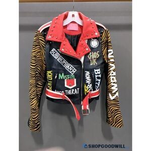 Azalea Wang Faux Leather Studded Graffiti Women's Moto Jacket Size Small